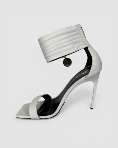 Versace White Leather Square Toe Pleat Ankle Strap w Gold Pin Pumps