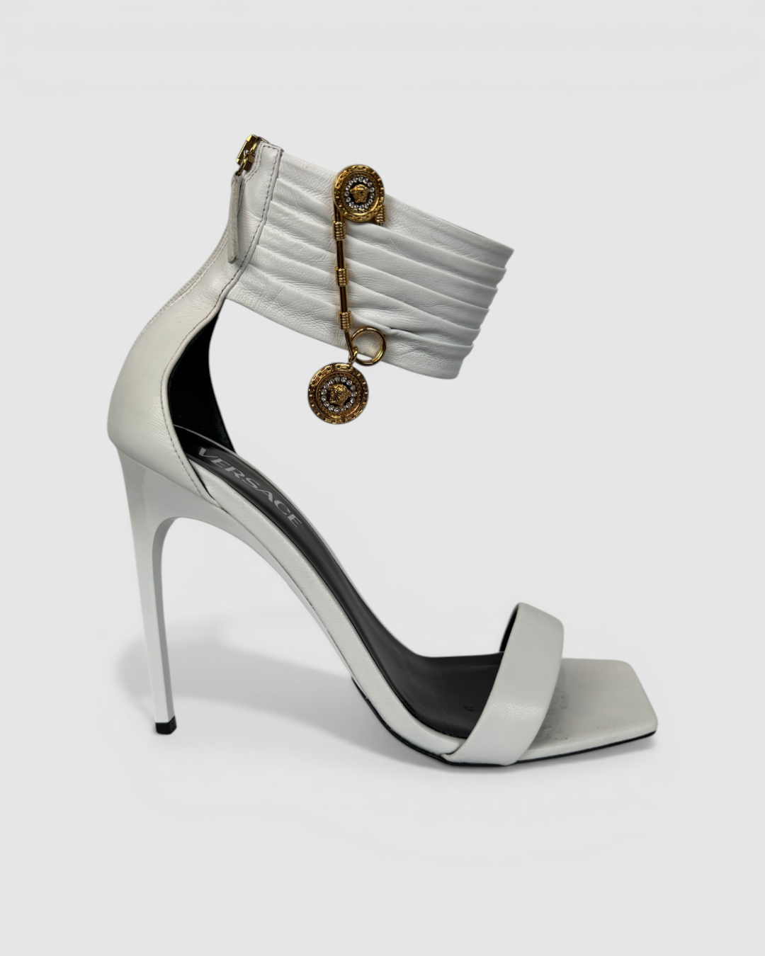 Versace White Leather Square Toe Pleat Ankle Strap w Gold Pin Pumps