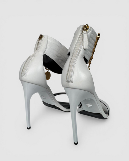 Versace White Leather Square Toe Pleat Ankle Strap w Gold Pin Pumps
