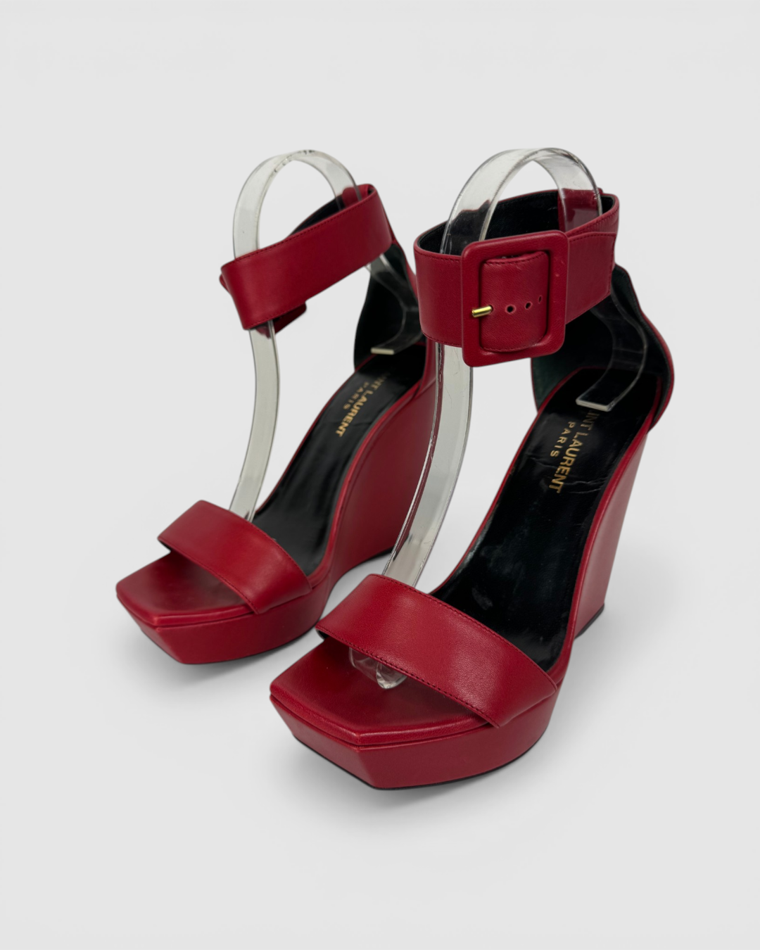 HAS DUSTBAG - Saint Laurent Red Ankle Strap "Paris" Wedge Sandals