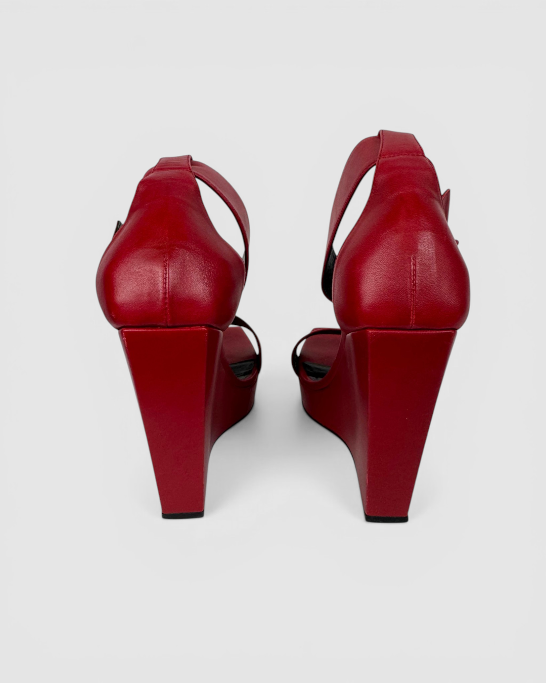 HAS DUSTBAG - Saint Laurent Red Ankle Strap "Paris" Wedge Sandals