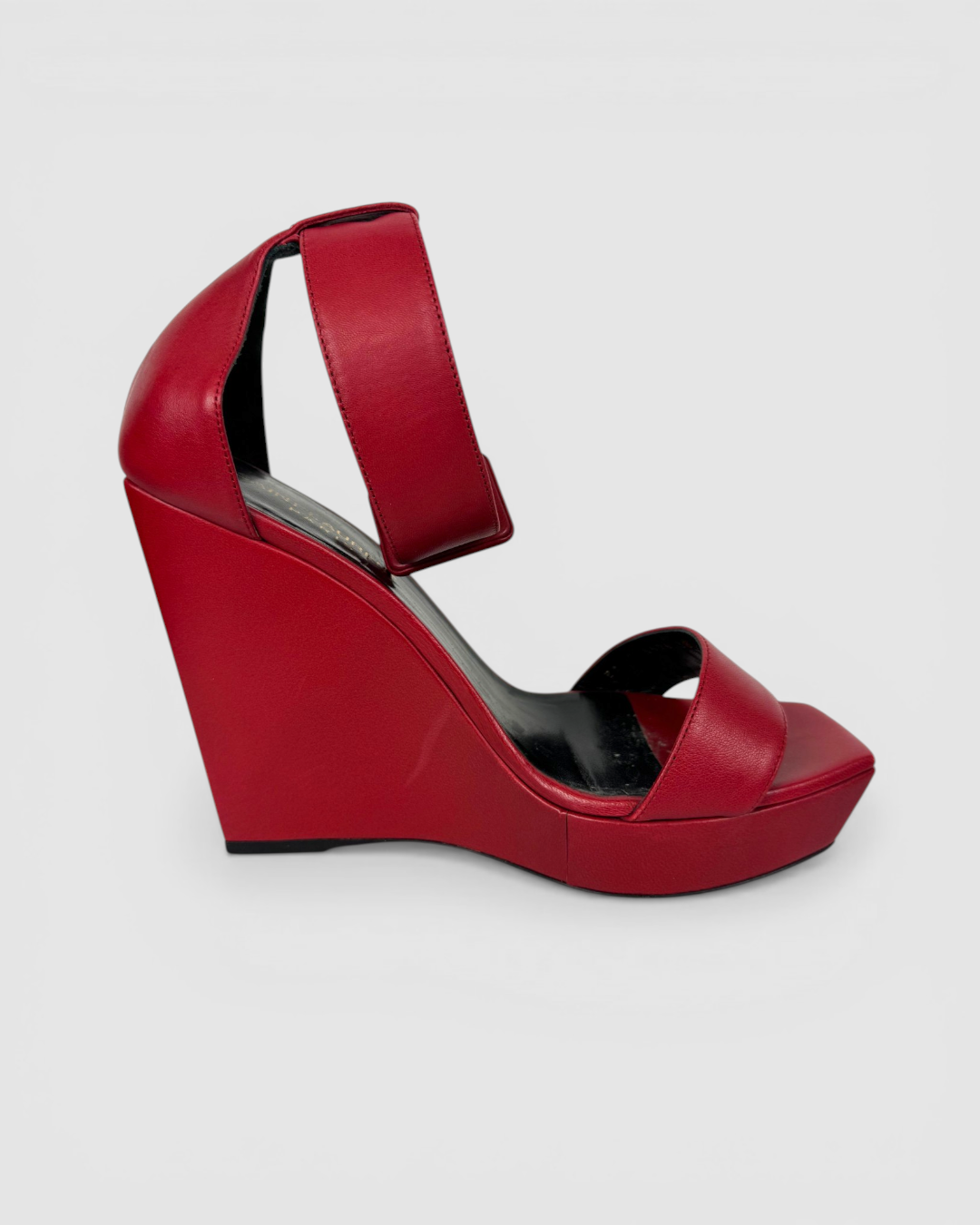 HAS DUSTBAG - Saint Laurent Red Ankle Strap "Paris" Wedge Sandals