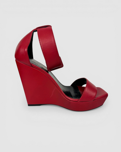 HAS DUSTBAG - Saint Laurent Red Ankle Strap "Paris" Wedge Sandals