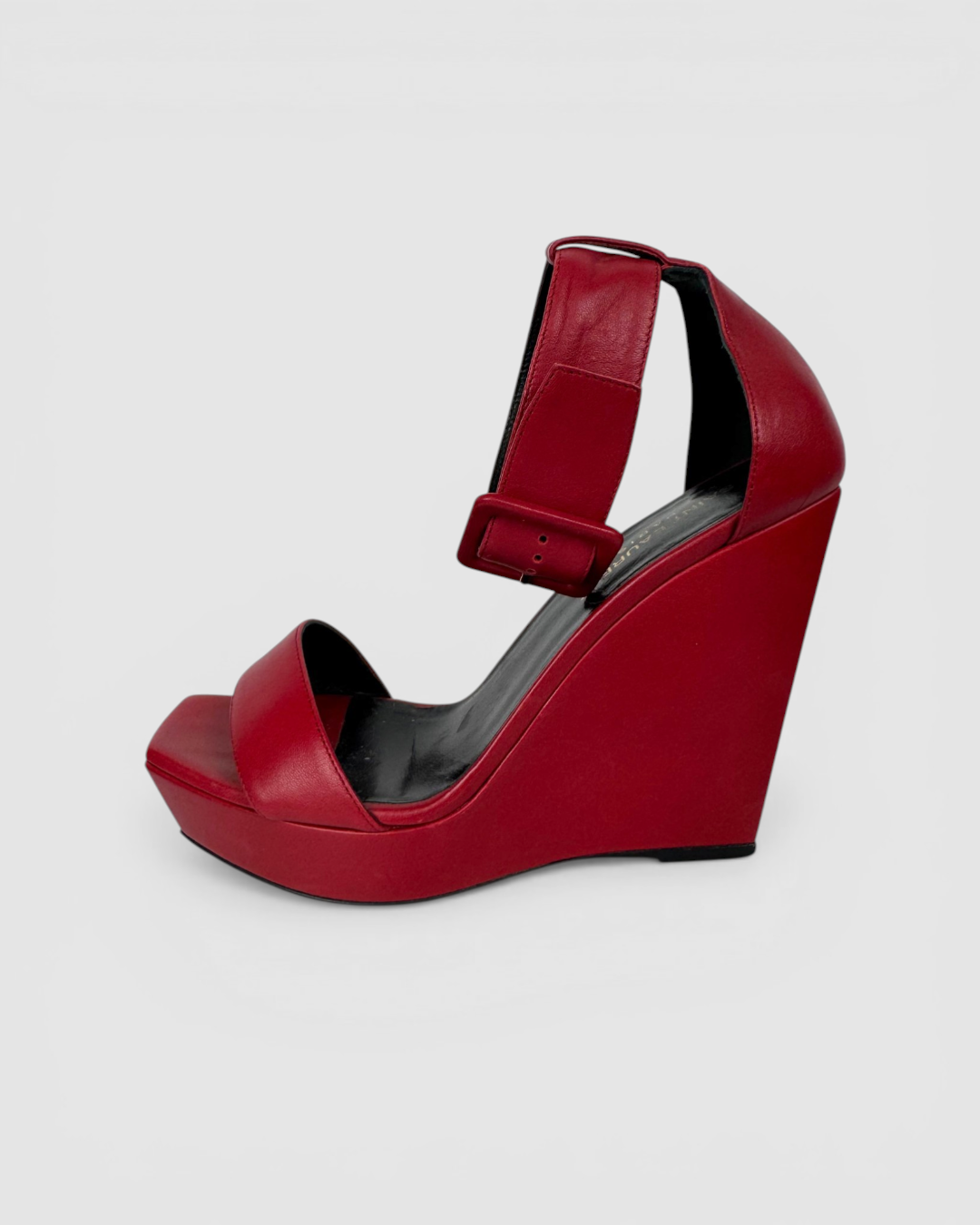 HAS DUSTBAG - Saint Laurent Red Ankle Strap "Paris" Wedge Sandals