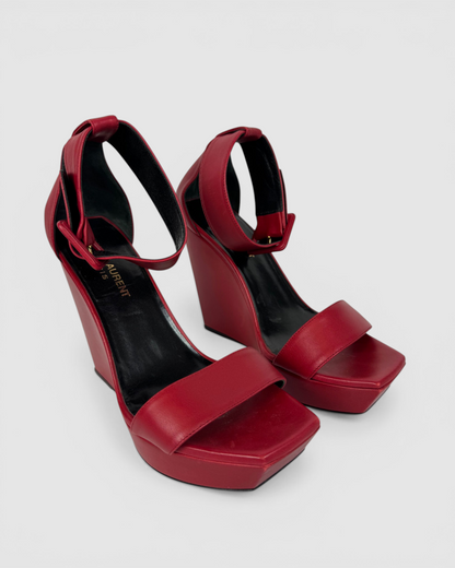HAS DUSTBAG - Saint Laurent Red Ankle Strap "Paris" Wedge Sandals