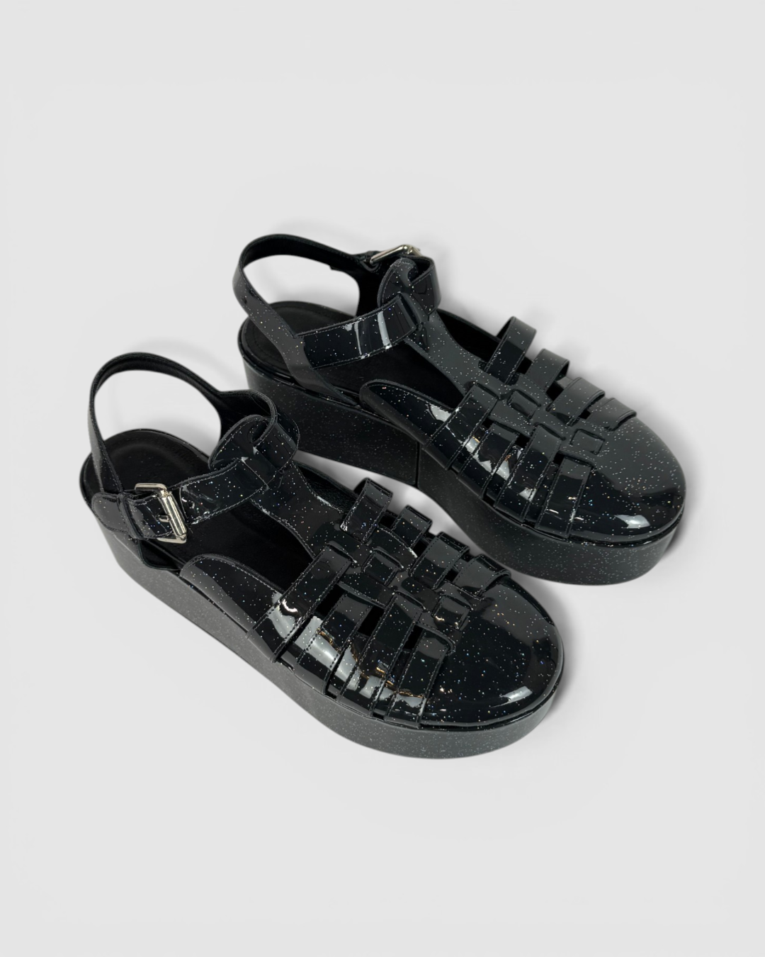 Loewe Charcoal Glitter Patten Leather Platform Sandals