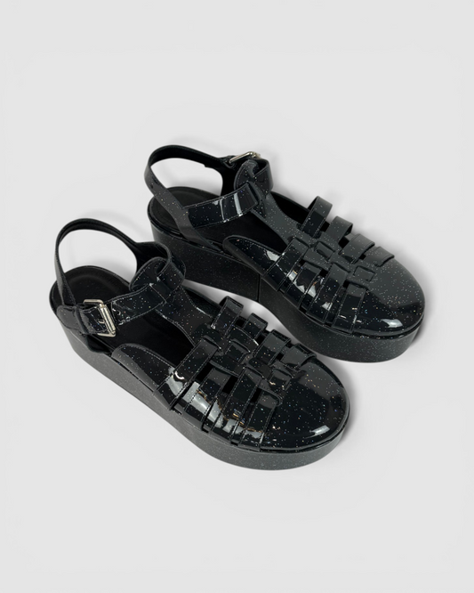 Loewe Charcoal Glitter Patten Leather Platform Sandals