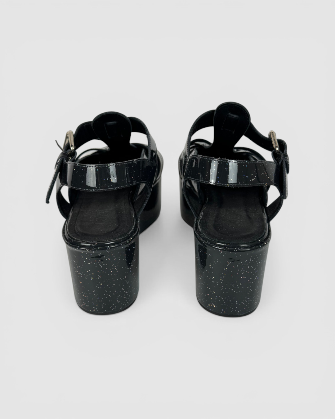 Loewe Charcoal Glitter Patten Leather Platform Sandals