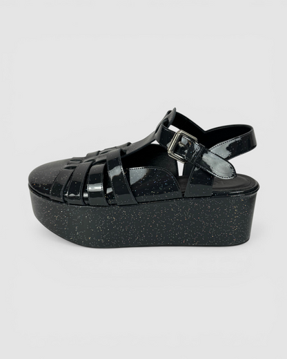 Loewe Charcoal Glitter Patten Leather Platform Sandals