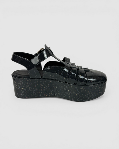 Loewe Charcoal Glitter Patten Leather Platform Sandals
