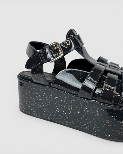 Loewe Charcoal Glitter Patten Leather Platform Sandals