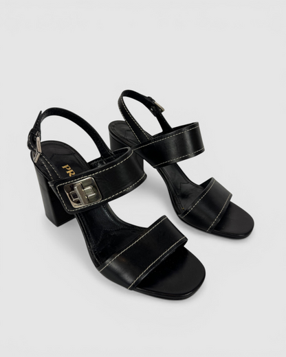 HAS DUSTBAG - Prada Black Leather Turnlock Block Heeled Sandals