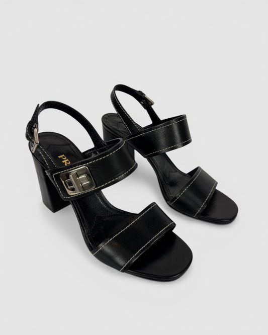 HAS DUSTBAG - Prada Black Leather Turnlock Block Heeled Sandals