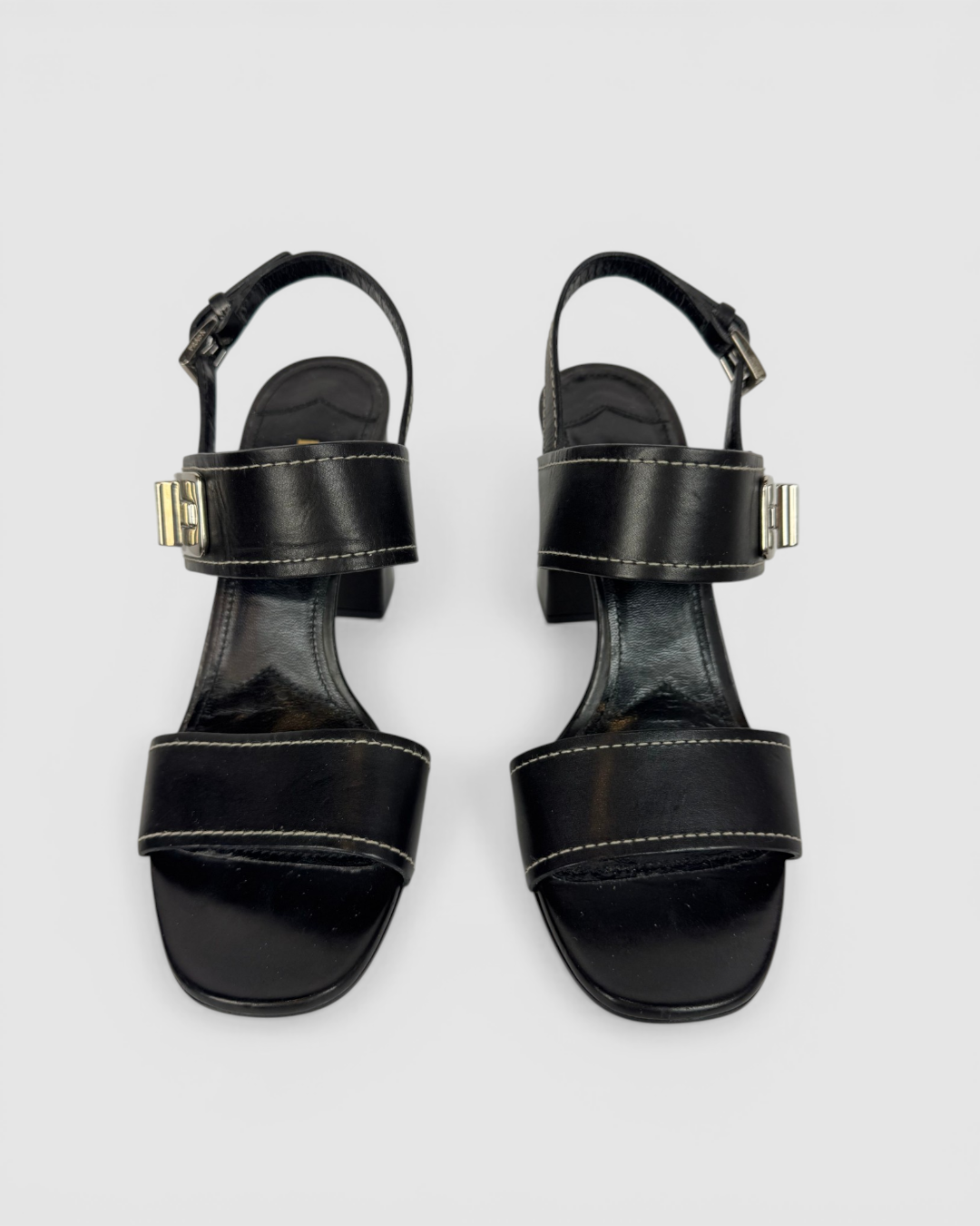 HAS DUSTBAG - Prada Black Leather Turnlock Block Heeled Sandals
