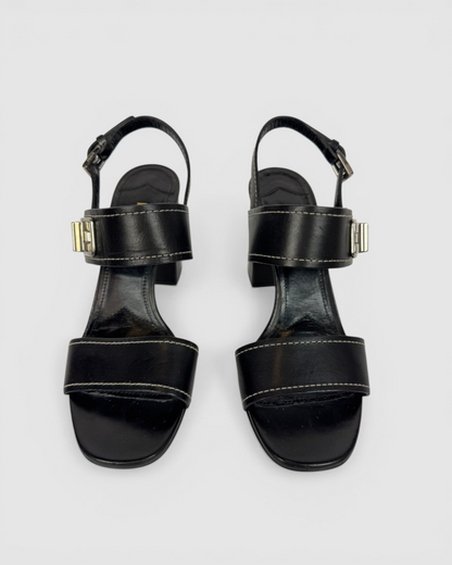 HAS DUSTBAG - Prada Black Leather Turnlock Block Heeled Sandals