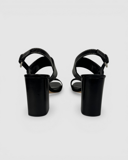 HAS DUSTBAG - Prada Black Leather Turnlock Block Heeled Sandals