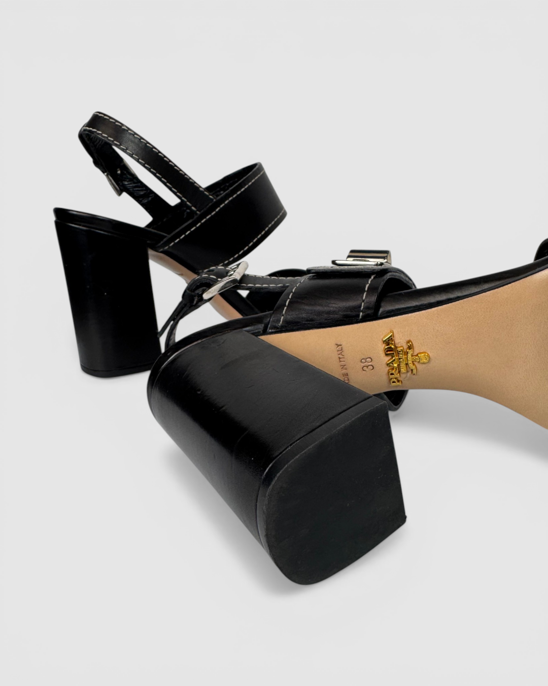 HAS DUSTBAG - Prada Black Leather Turnlock Block Heeled Sandals