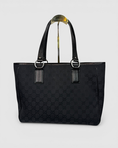 Gucci Black GG Monogram Leather Trim Tote Bag