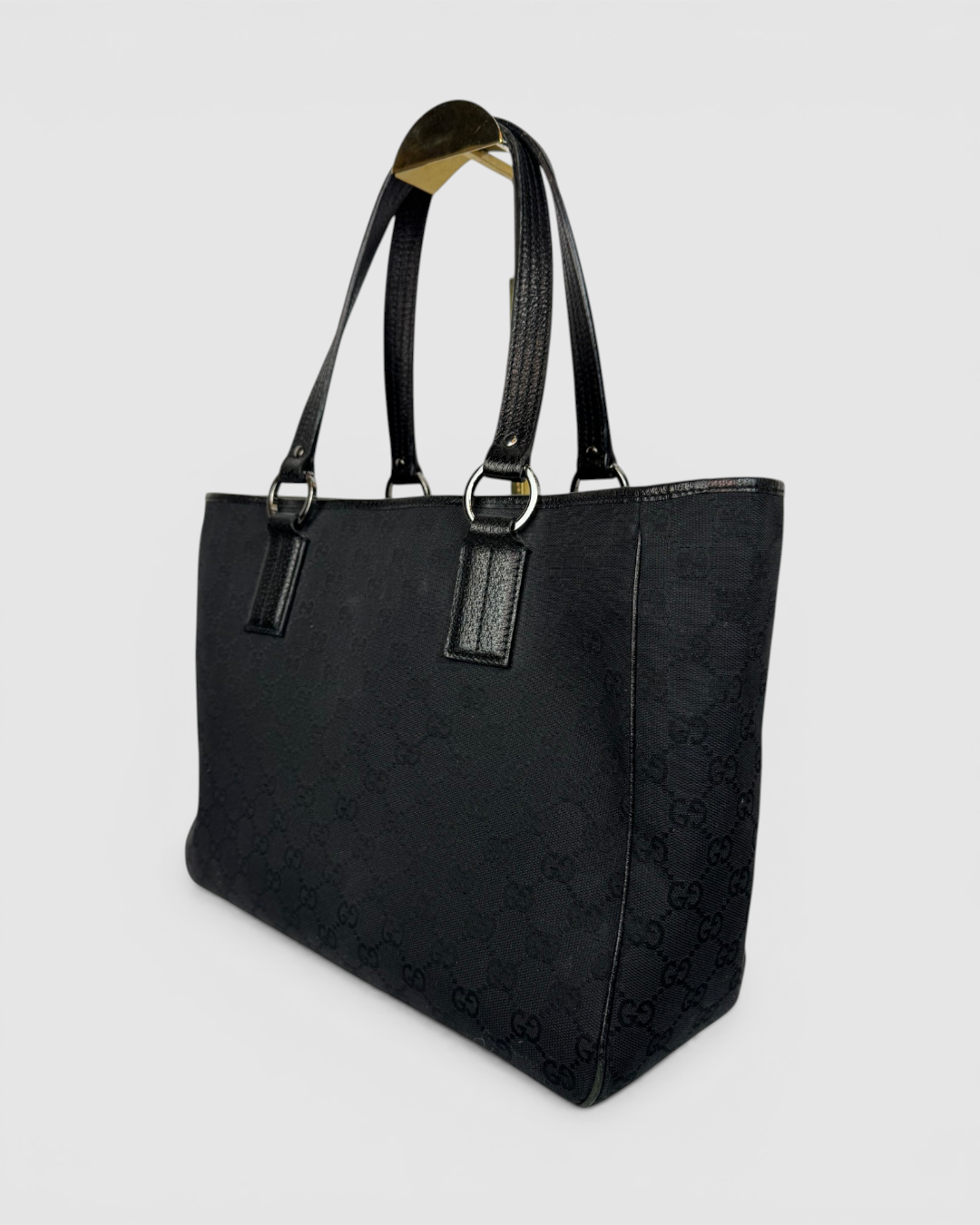 Gucci Black GG Monogram Leather Trim Tote Bag