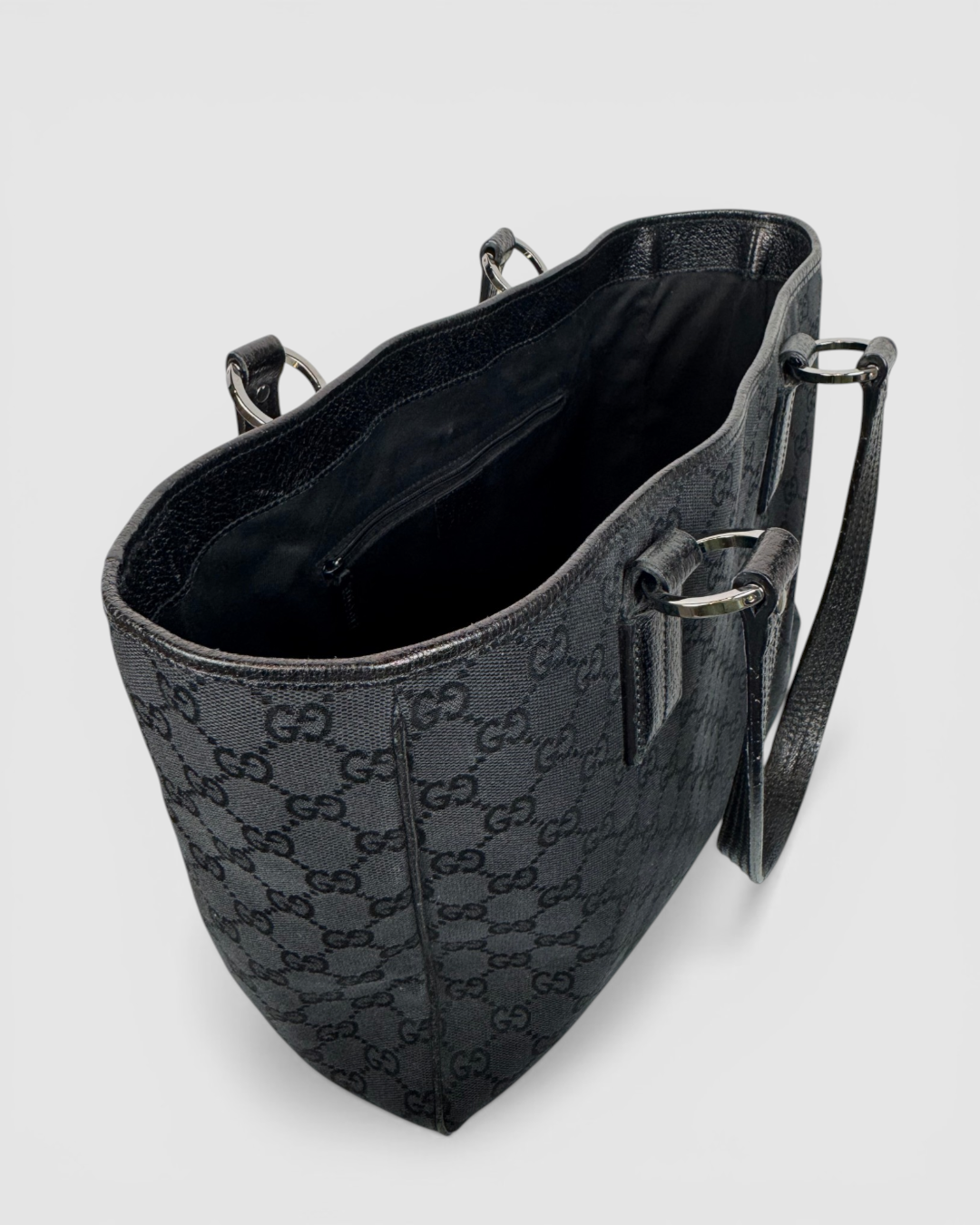 Gucci Black GG Monogram Leather Trim Tote Bag