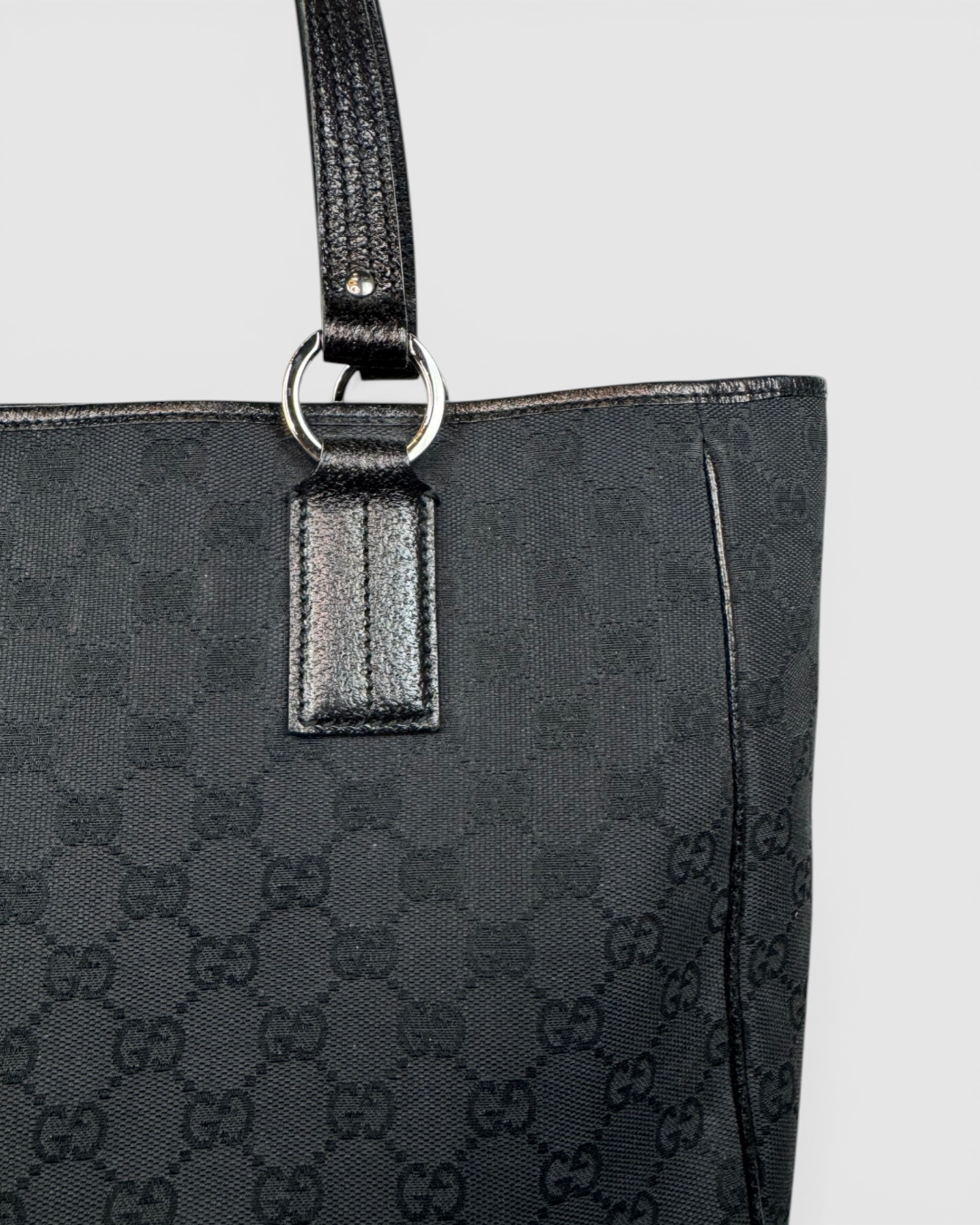 Gucci Black GG Monogram Leather Trim Tote Bag