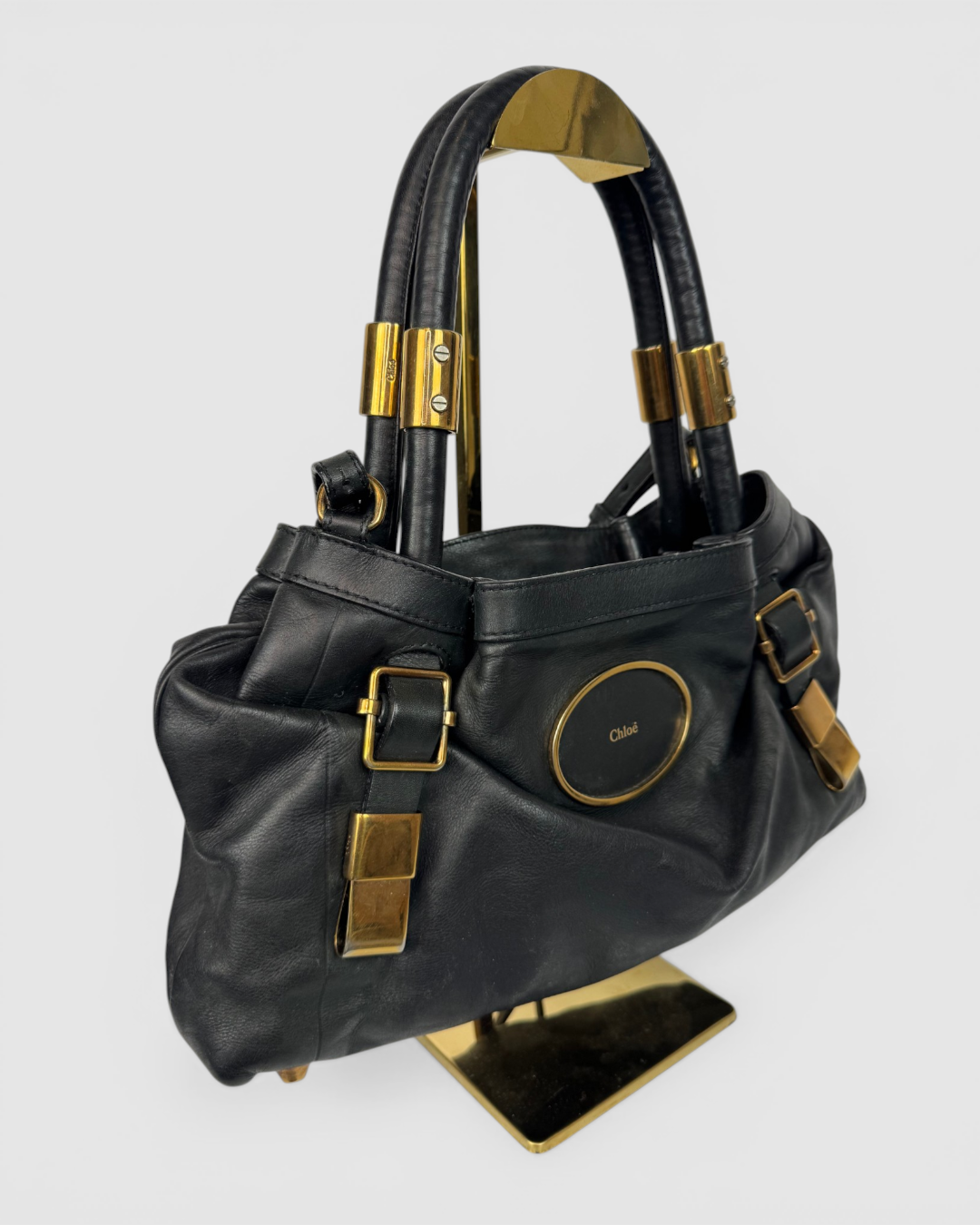 Chloe "Victoria" Black Leather Gold Hardware Top Handle/Crossbody Bag