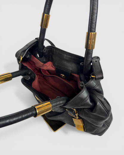 Chloe "Victoria" Black Leather Gold Hardware Top Handle/Crossbody Bag