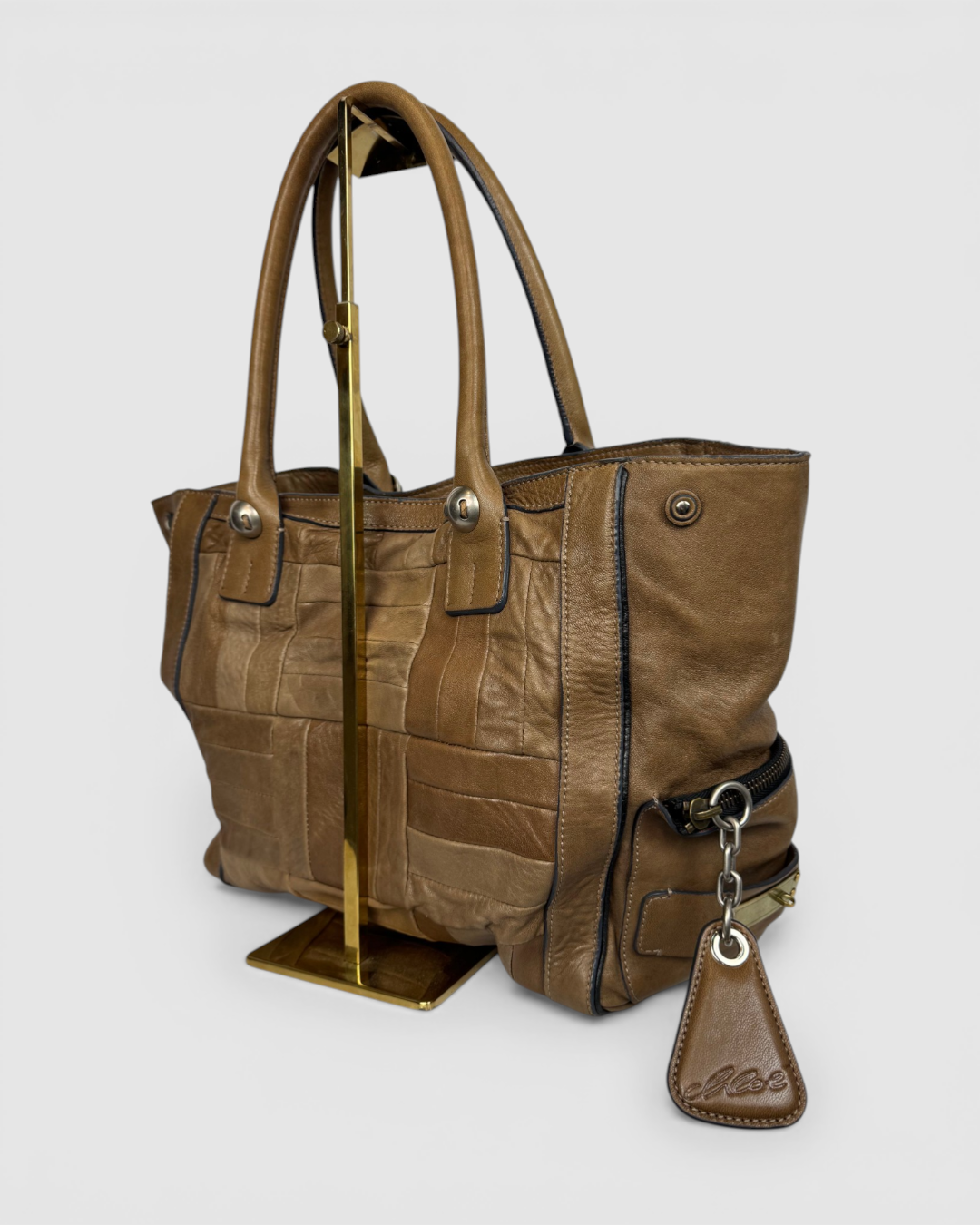 Chloe Brown Leather Quilt Patch Detail "Heloise" Tote