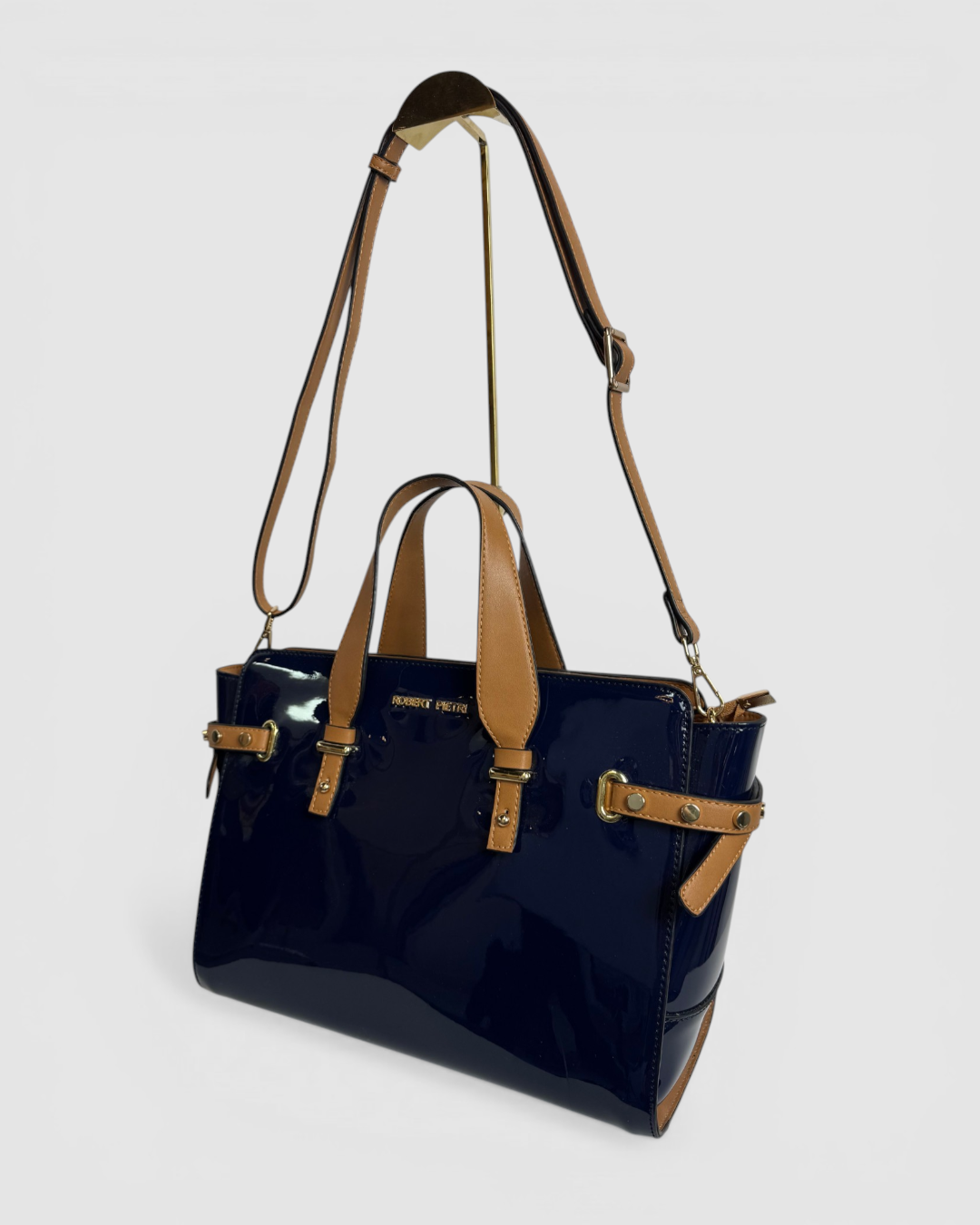 Robert Pietri Navy Brown Patent Leather Crossbody/Toto Bag
