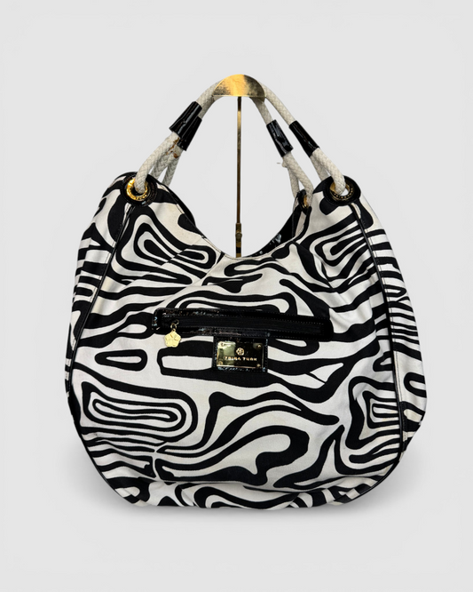 Trina Turk Patent Leather Black & White Zebra Print Rope Handle Tote