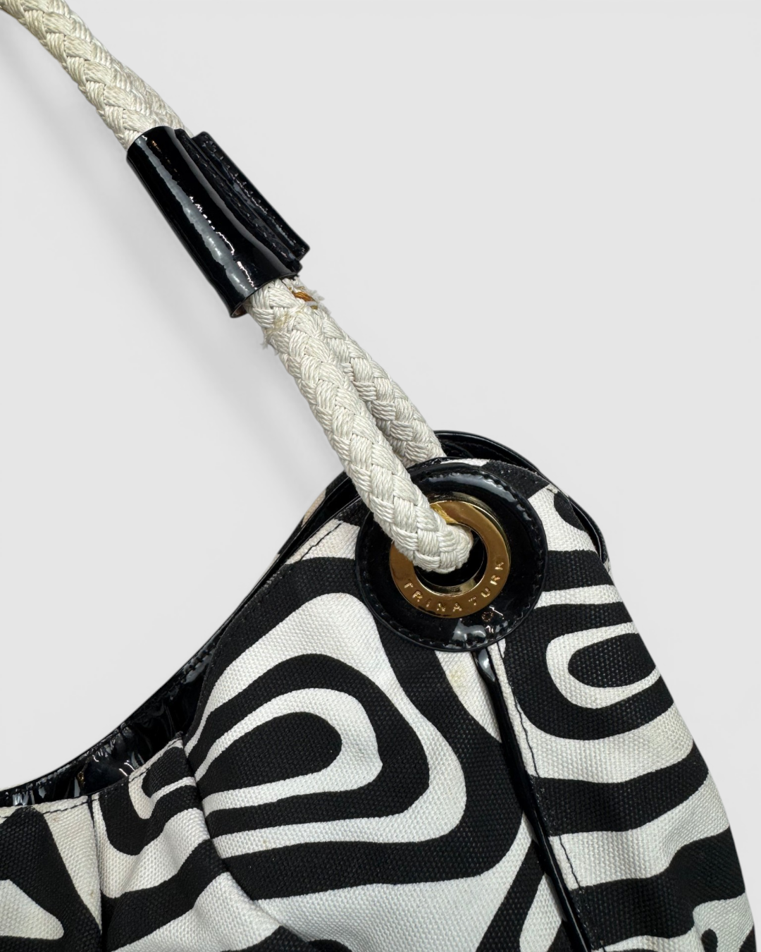Trina Turk Patent Leather Black & White Zebra Print Rope Handle Tote