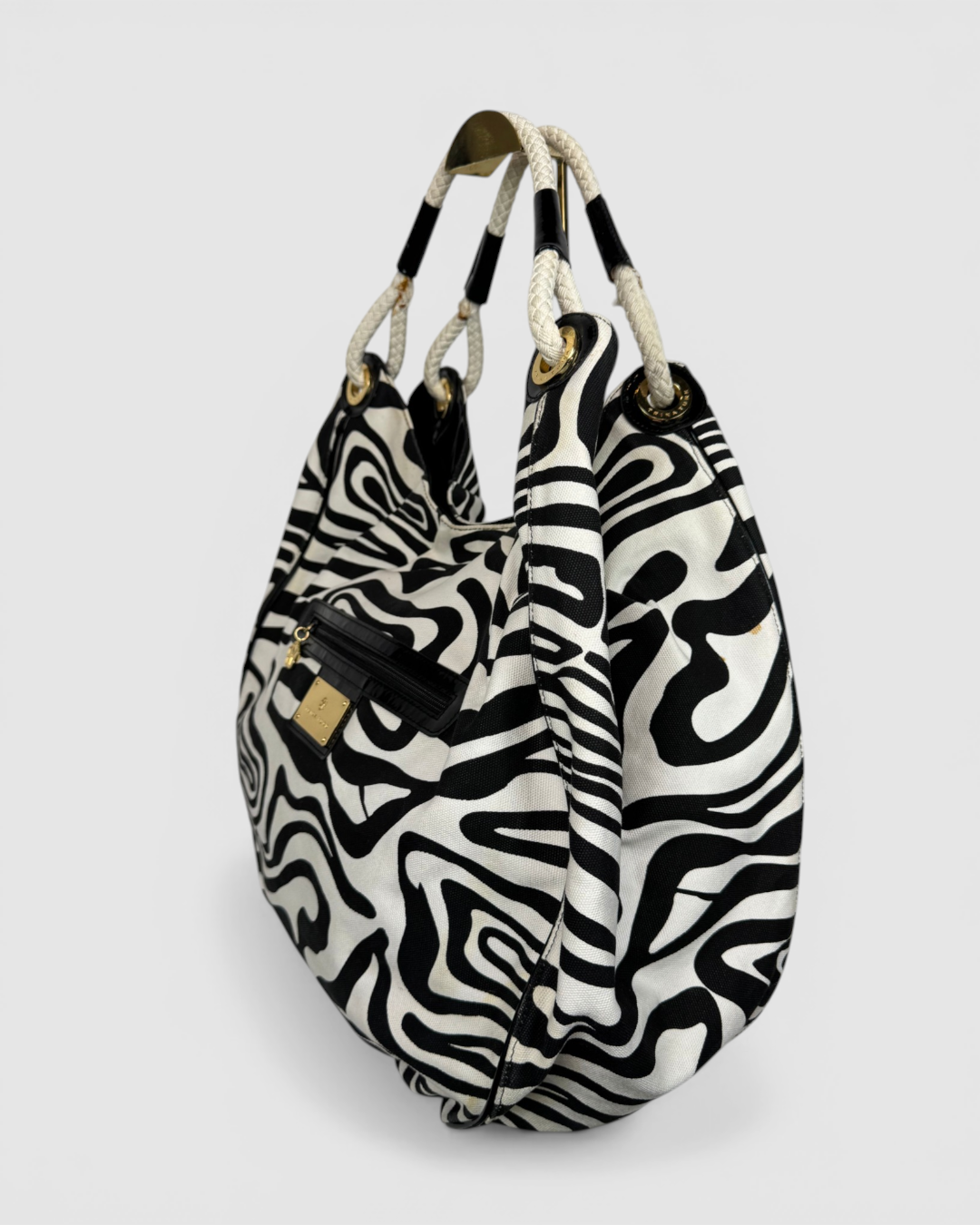 Trina Turk Patent Leather Black & White Zebra Print Rope Handle Tote