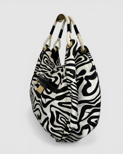 Trina Turk Patent Leather Black & White Zebra Print Rope Handle Tote