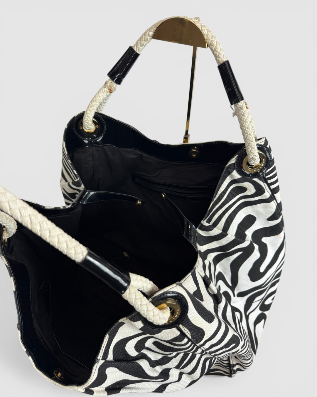 Trina Turk Patent Leather Black & White Zebra Print Rope Handle Tote
