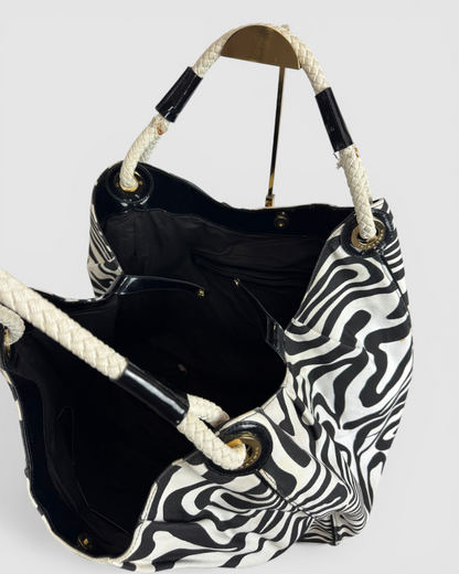 Trina Turk Patent Leather Black & White Zebra Print Rope Handle Tote
