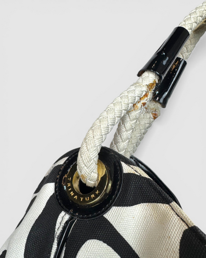 Trina Turk Patent Leather Black & White Zebra Print Rope Handle Tote