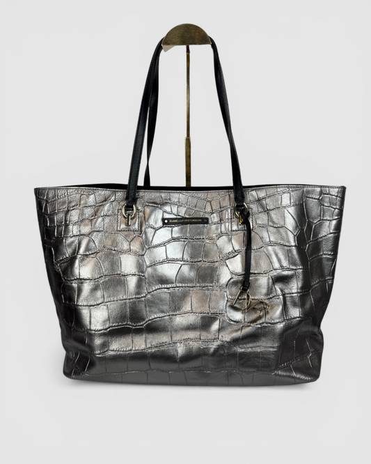 Diane Von Furstenberg Metallic Silver Croc-Embossed Voyage Tote
