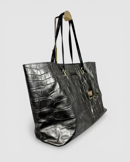 Diane Von Furstenberg Metallic Silver Croc-Embossed Voyage Tote