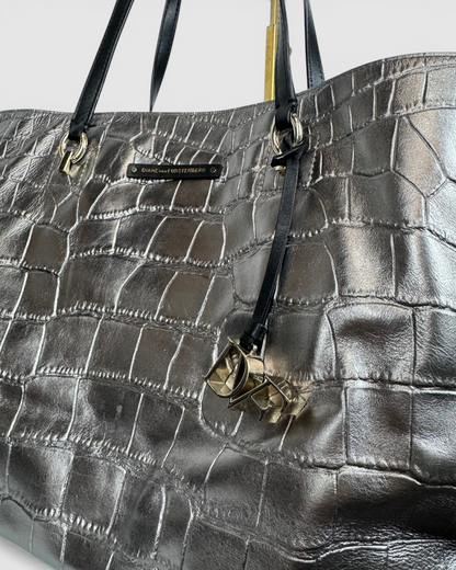 Diane Von Furstenberg Metallic Silver Croc-Embossed Voyage Tote