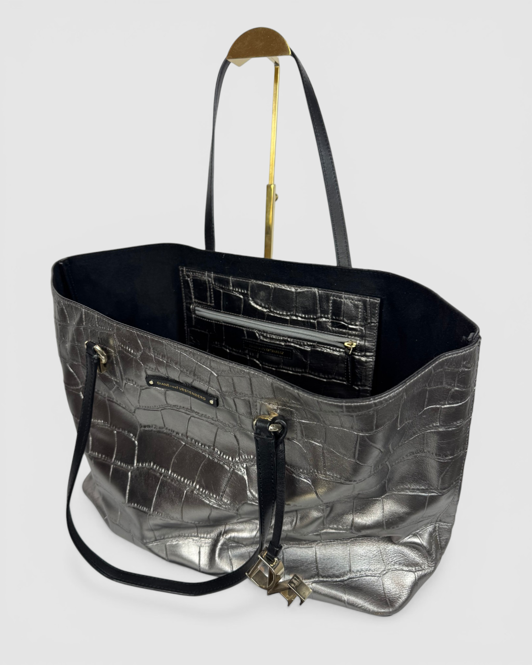 Diane Von Furstenberg Metallic Silver Croc-Embossed Voyage Tote