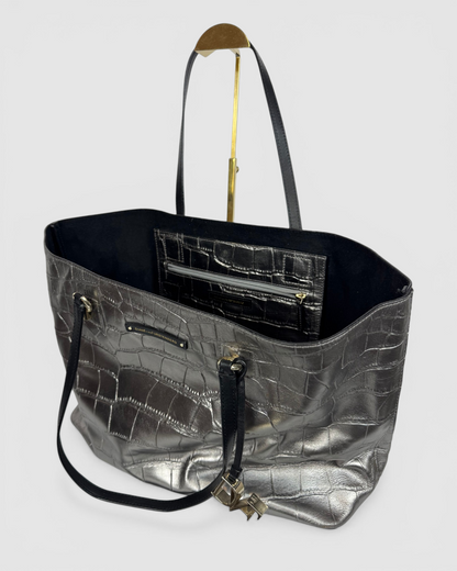 Diane Von Furstenberg Metallic Silver Croc-Embossed Voyage Tote