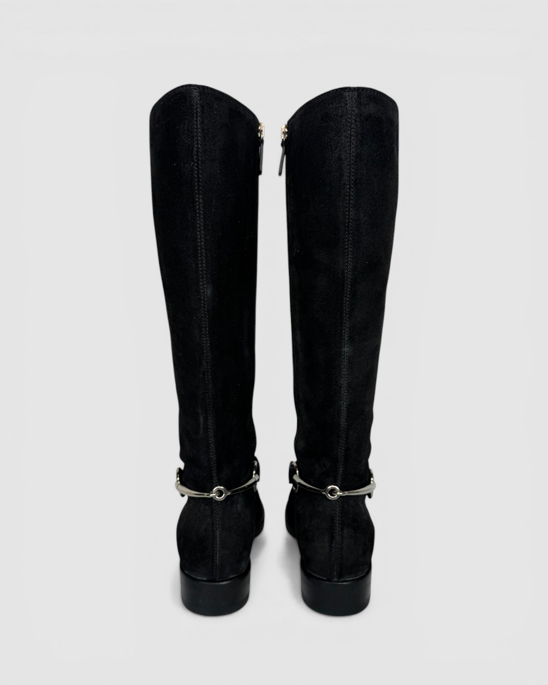 Gucci Black Suede Silver Horsebit Accent Knee-Length Riding Boots