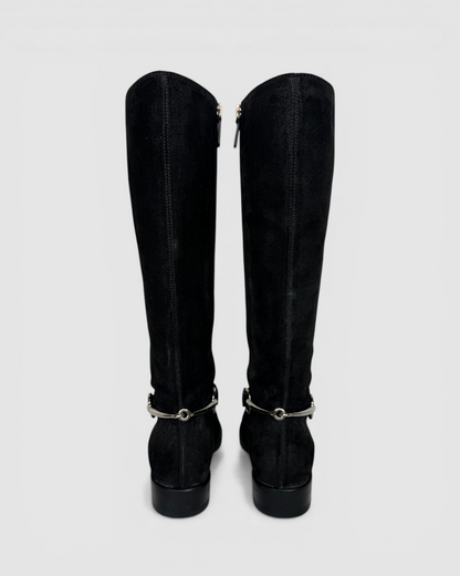 Gucci Black Suede Silver Horsebit Accent Knee-Length Riding Boots