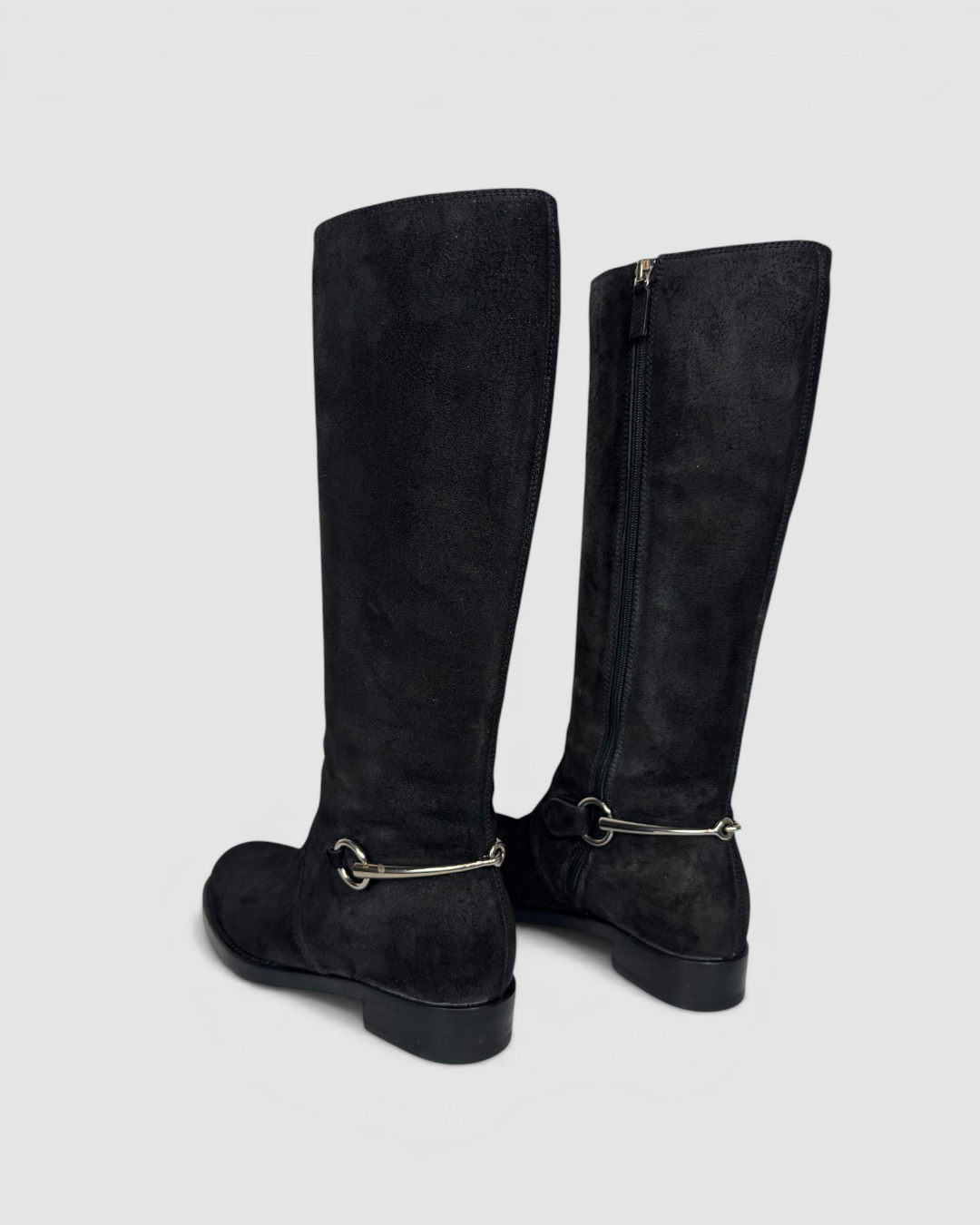 Gucci Black Suede Silver Horsebit Accent Knee-Length Riding Boots
