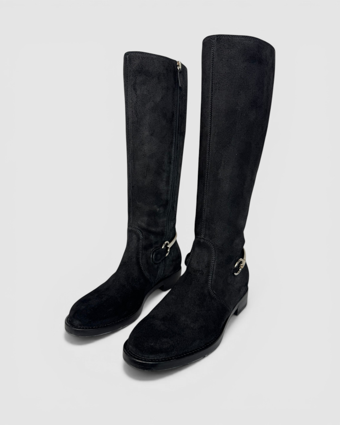Gucci Black Suede Silver Horsebit Accent Knee-Length Riding Boots