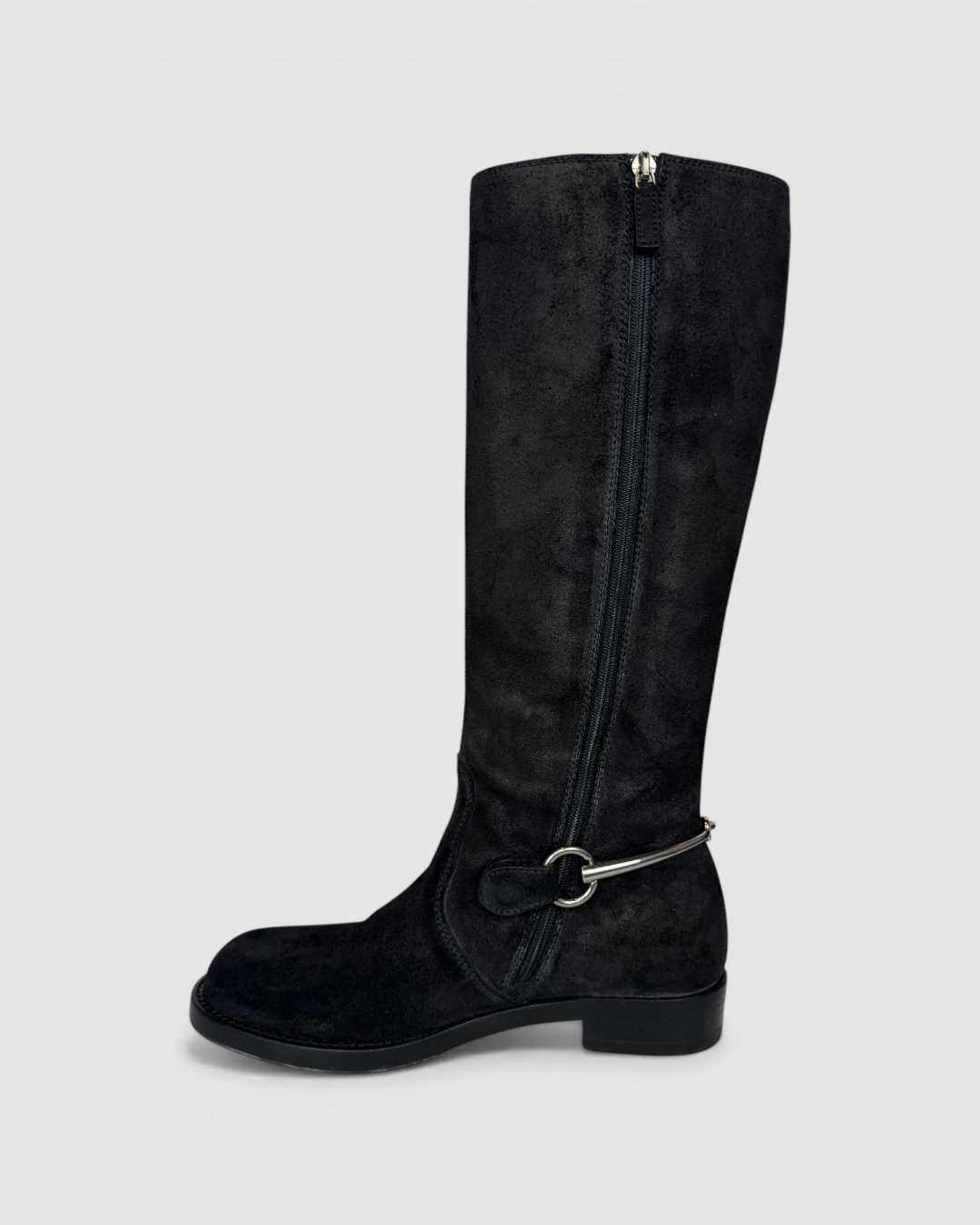 Gucci Black Suede Silver Horsebit Accent Knee-Length Riding Boots