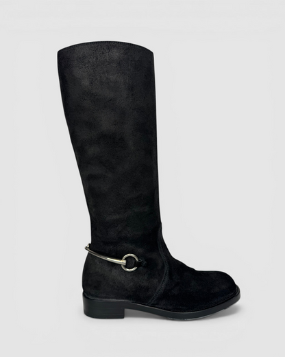 Gucci Black Suede Silver Horsebit Accent Knee-Length Riding Boots