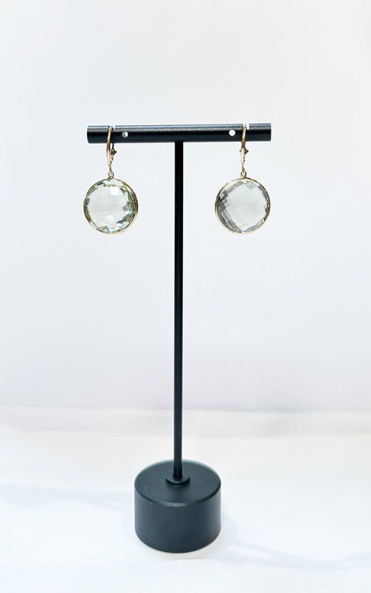 14k Gold Very Light Green Prasiolite Circle Drop Earrings