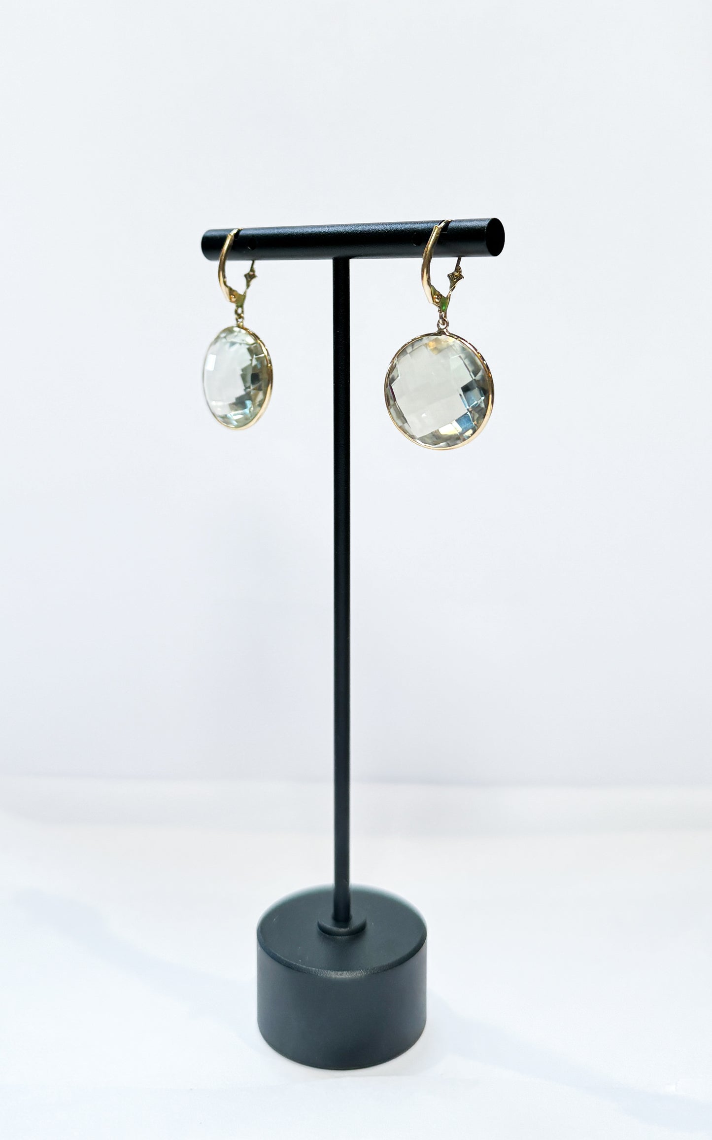 14k Gold Very Light Green Prasiolite Circle Drop Earrings