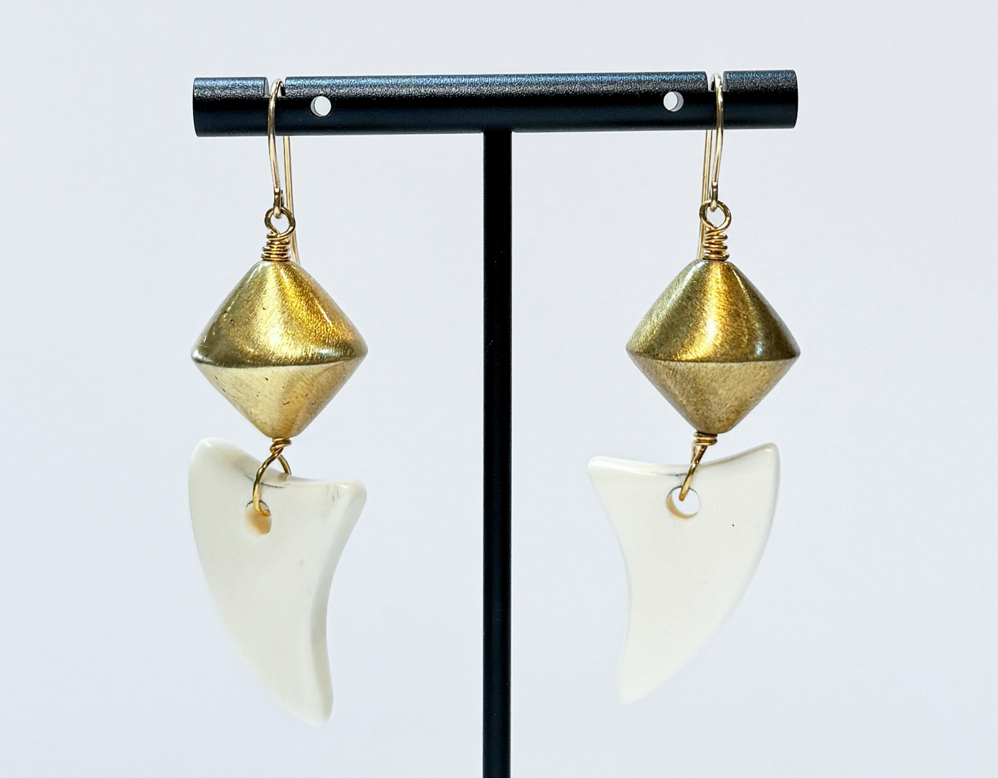 14k GF Gold & White Shark Tooth Drop Earrings